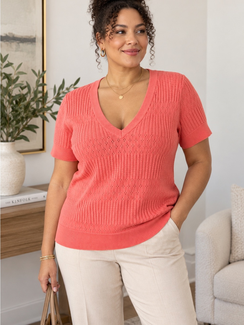Torrid Size 1 1X Coral Pointelle V Neck Short Sleeve Sweater Top